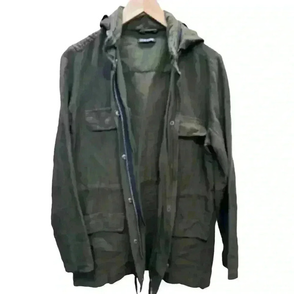 DEARJOHN Military Green Linen Blend Utility Jacket Zip Snap Drawstring Hooded L - Picture 2 of 12